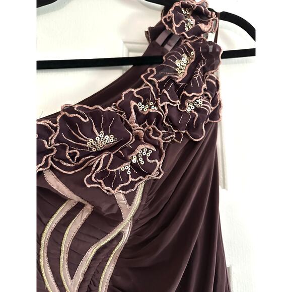 SEAM One-Shoilder Sequin Floral Bodycon Applique Plum Mini Dress Back Cut-Out - Picture 3 of 5